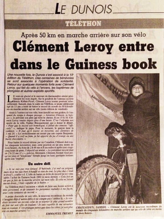 Coupure Le Dunois — Clément Leroy, 13 ans, entre au Guinness : 50 km en marche arrière à vélo pour le Téléthon en 2h48